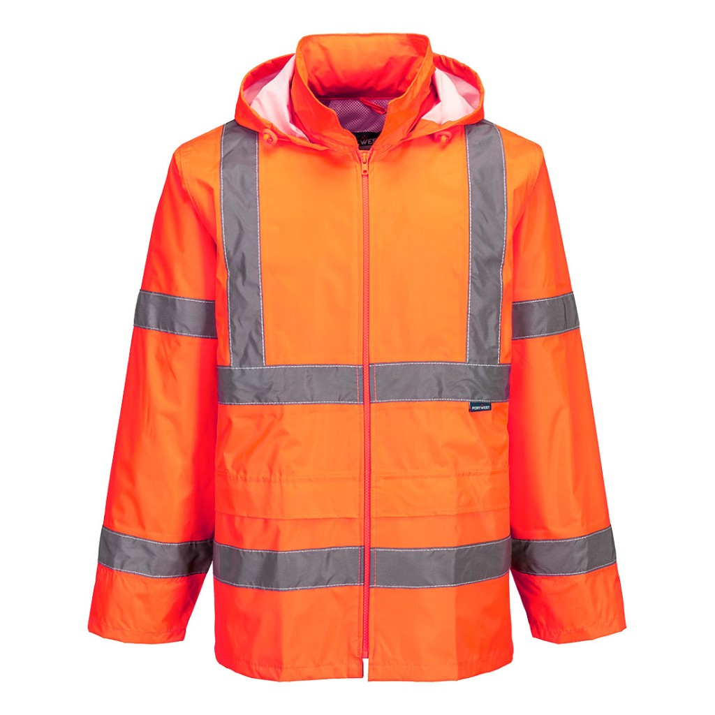 A high-visibility orange waterproof jacket featuring retroreflective tape panels, suitable for a wide range of outdoor and site work applications.