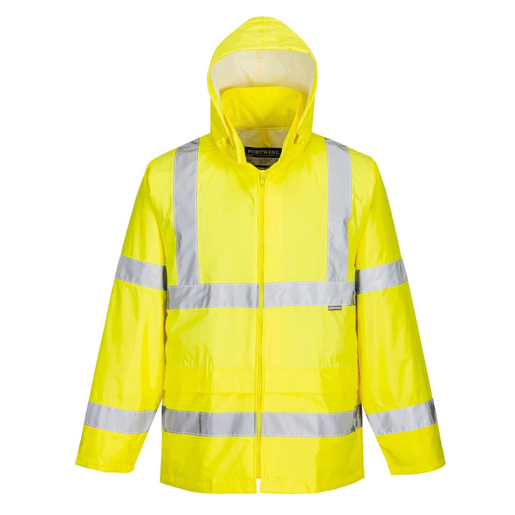 A high-visibility yellow waterproof jacket featuring retroreflective tape panels, suitable for a wide range of outdoor and site work applications.