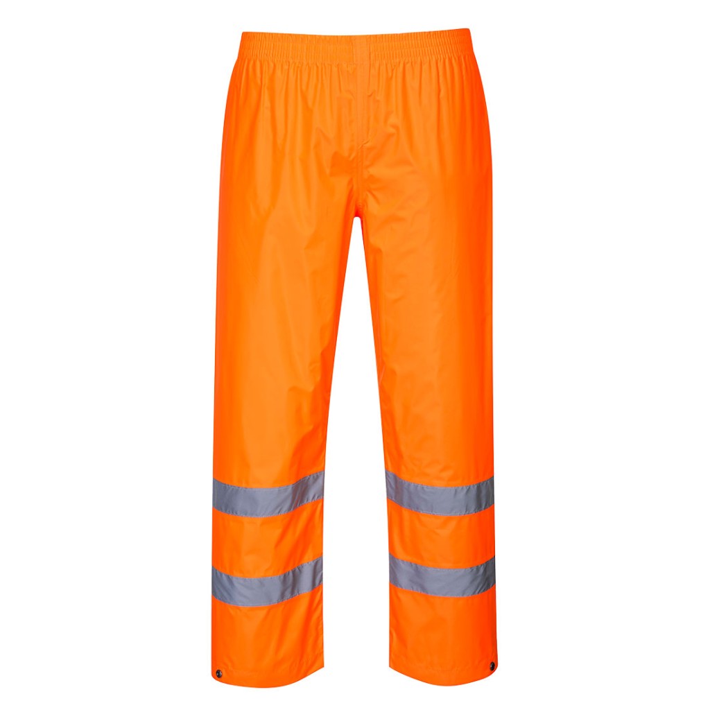 A pair of high-visibility orange trousers featuring retroreflective tape panels, suitable for a wide range of outdoor and site work applications.