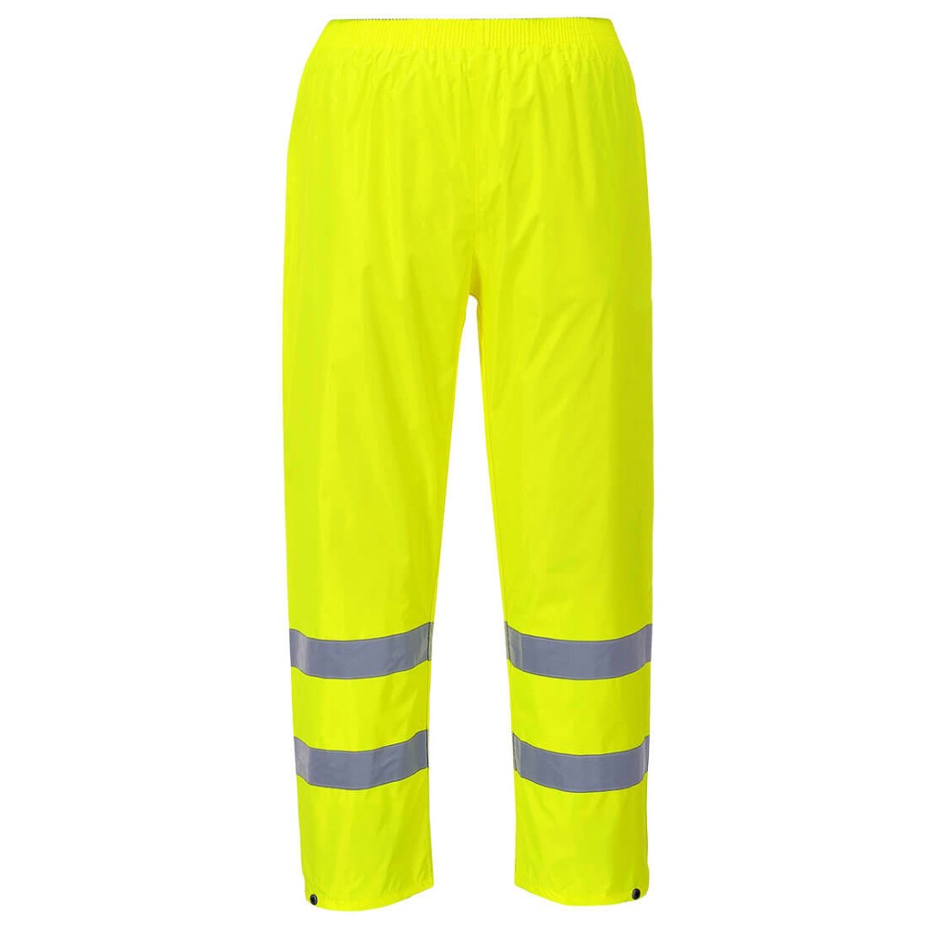 A pair of high-visibility yellow trousers featuring retroreflective tape panels, suitable for a wide range of outdoor and site work applications.
