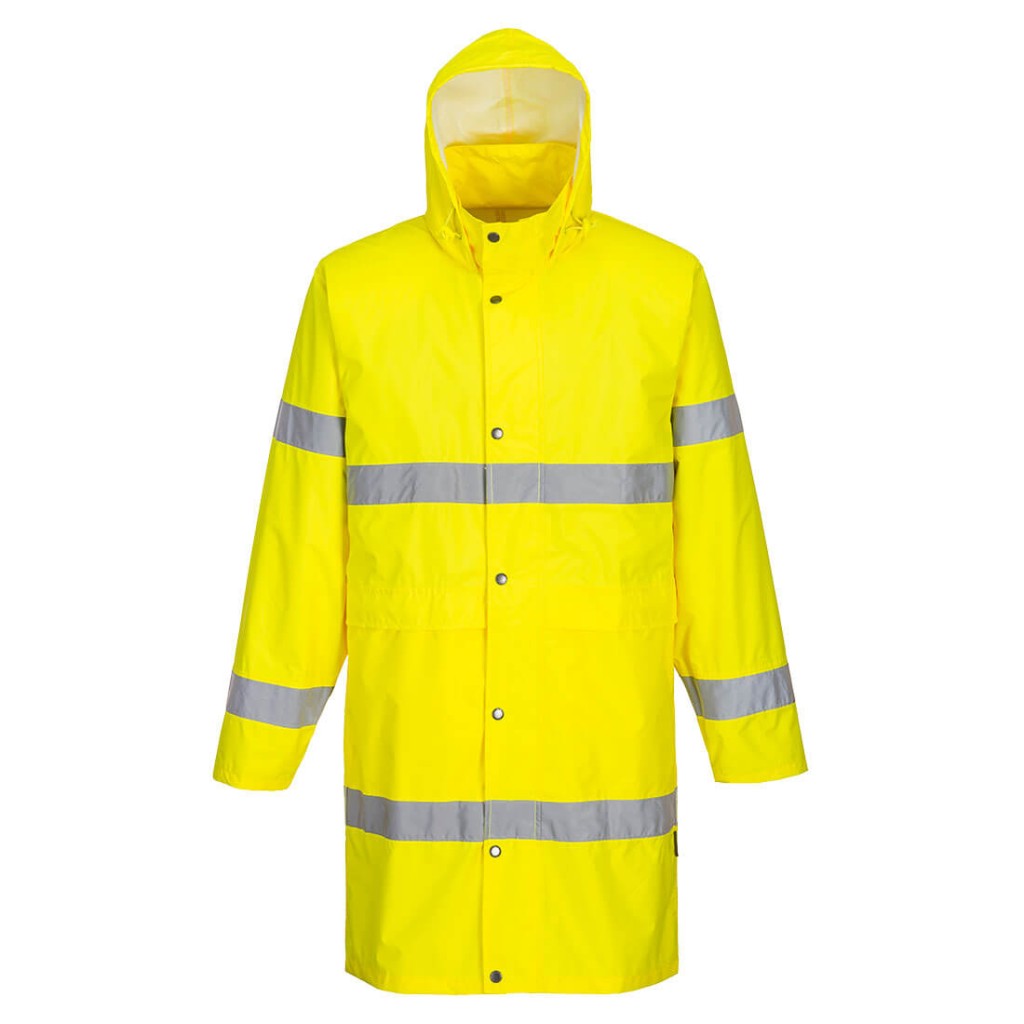 A high-visibility yellow waterproof jacket featuring retroreflective tape panels, suitable for a wide range of outdoor and site work applications.