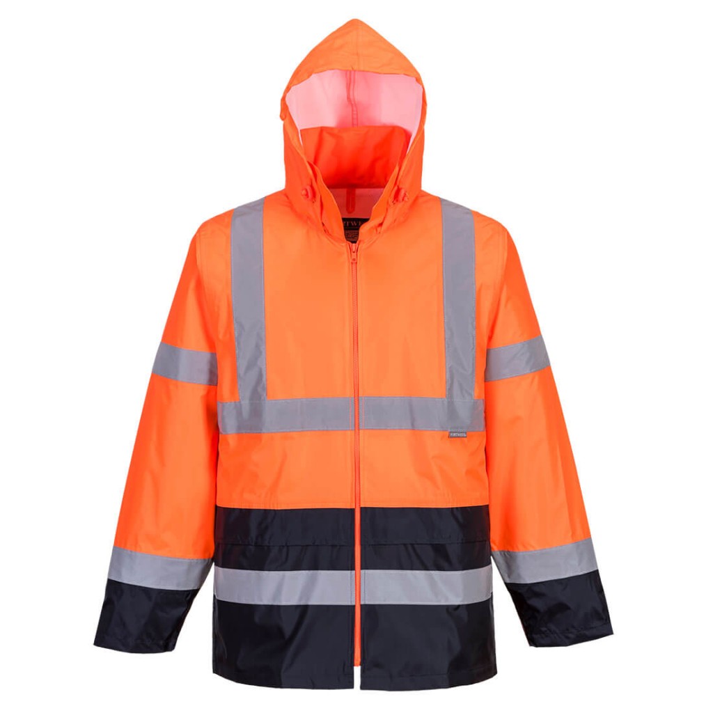 A high-visibility orange waterproof jacket featuring retroreflective tape panels, suitable for a wide range of outdoor and site work applications.