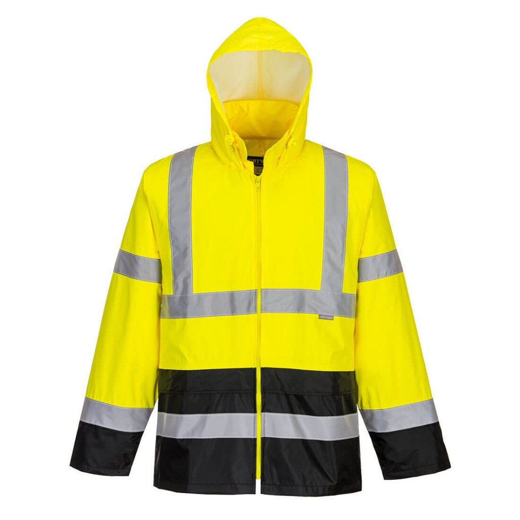 A high-visibility yellow waterproof jacket featuring retroreflective tape panels, suitable for a wide range of outdoor and site work applications.