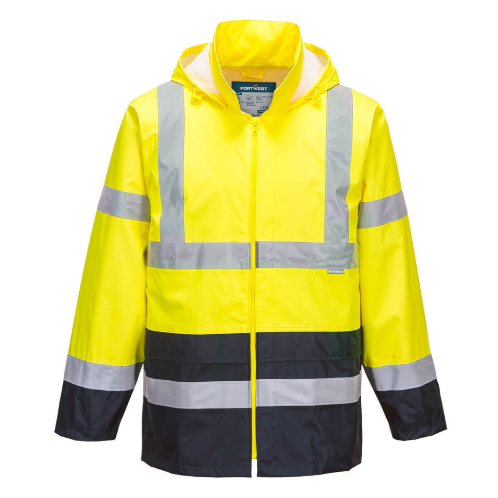 A high-visibility yellow waterproof jacket featuring retroreflective tape panels, suitable for a wide range of outdoor and site work applications.
