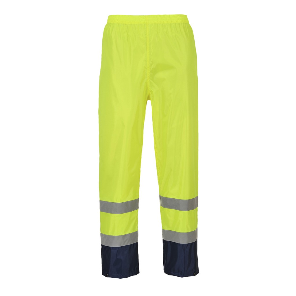 A pair of high-visibility yellow trousers featuring retroreflective tape panels, suitable for a wide range of outdoor and site work applications.
