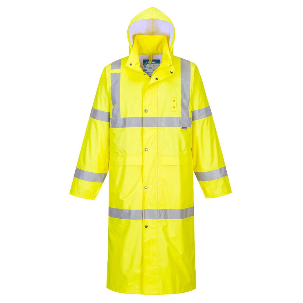 A high-visibility yellow waterproof jacket featuring retroreflective tape panels, suitable for a wide range of outdoor and site work applications.