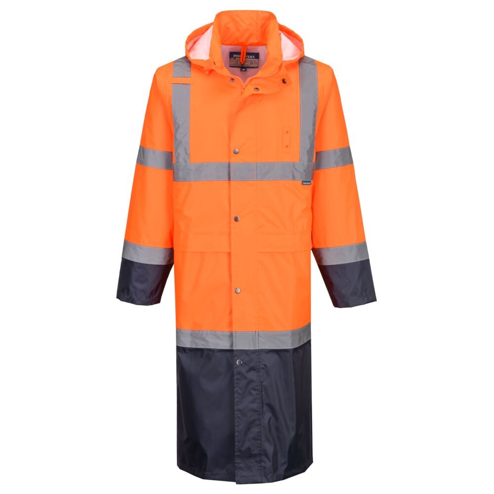 A high-visibility orange waterproof jacket featuring retroreflective tape panels, suitable for a wide range of outdoor and site work applications.