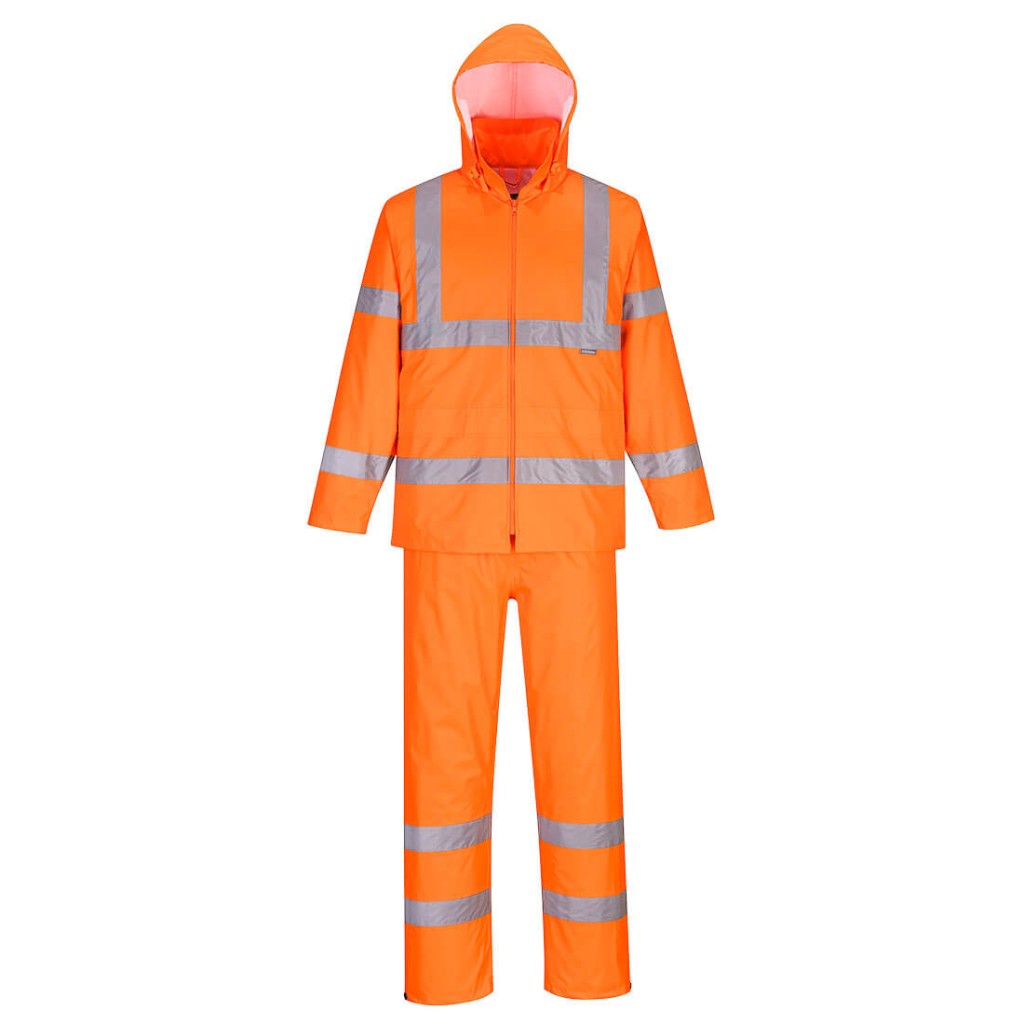 A high-visibility orange workwear garment featuring retroreflective tape panels, suitable for a wide range of outdoor and site work applications.