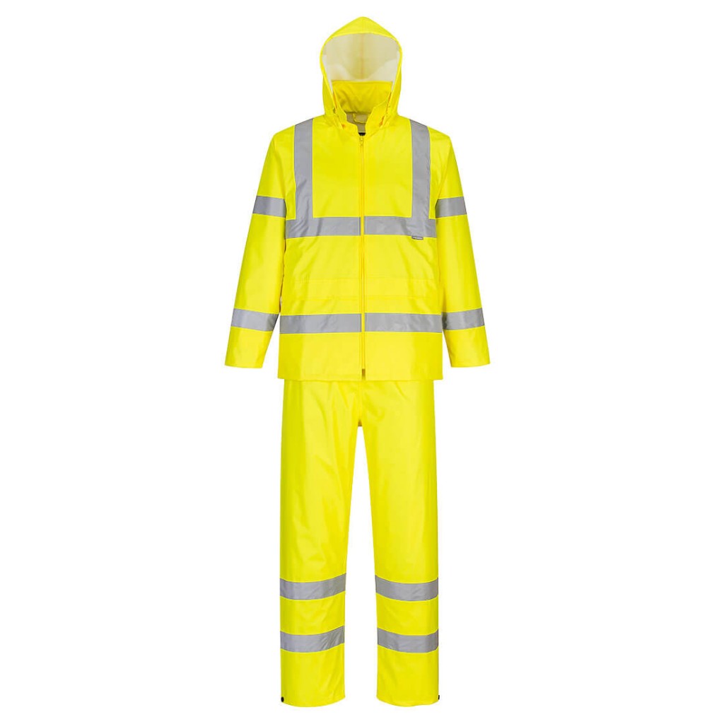 A high-visibility yellow workwear garment featuring retroreflective tape panels, suitable for a wide range of outdoor and site work applications.