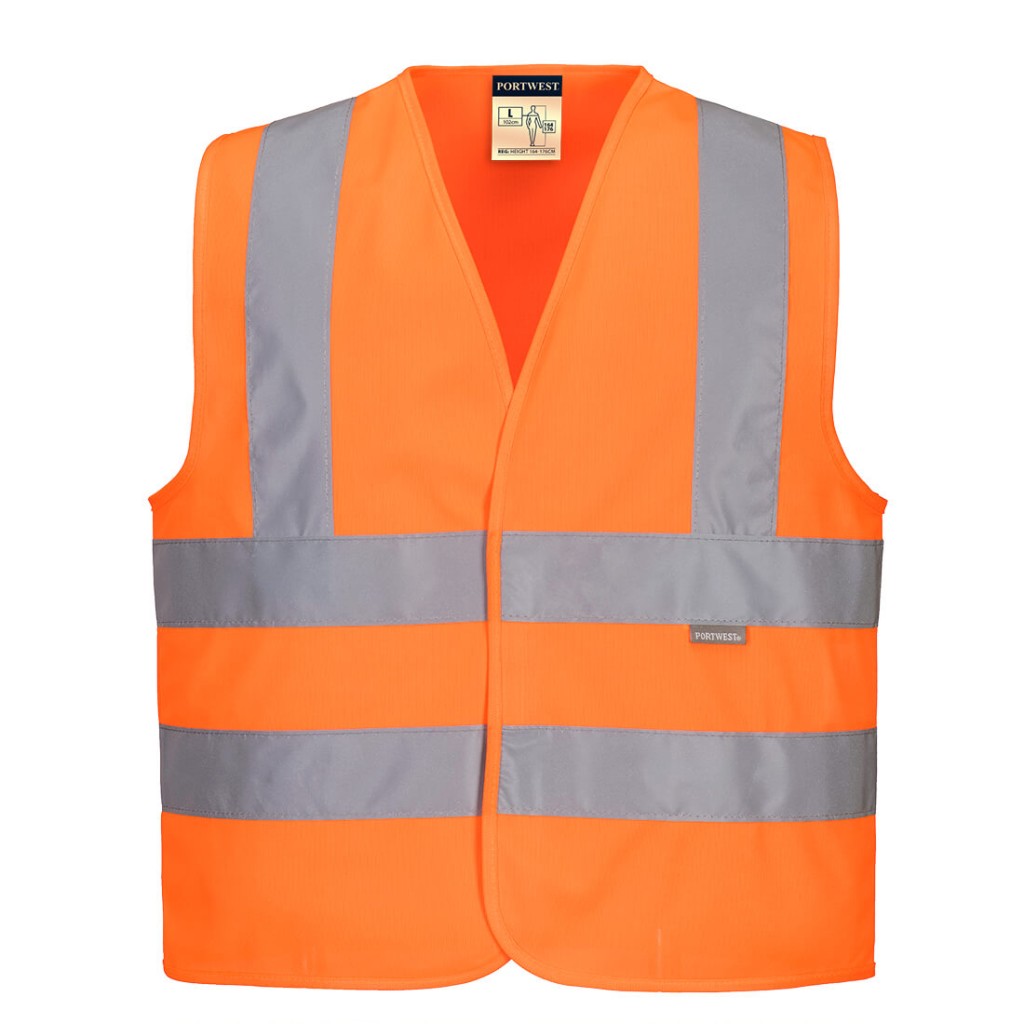 A children's high-visibility orange vest featuring retroreflective tape panels, suitable for a wide range of outdoor and site work applications.