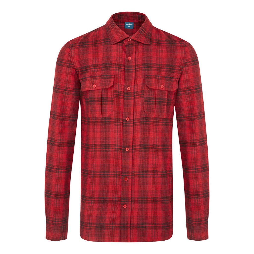 A red work shirt designed for use on construction sites and in industrial work environments.,