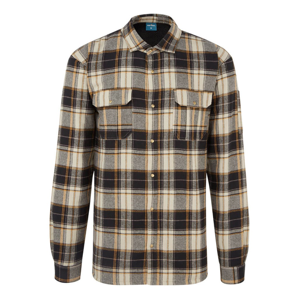 A black work shirt designed for use on construction sites and in industrial work environments.,