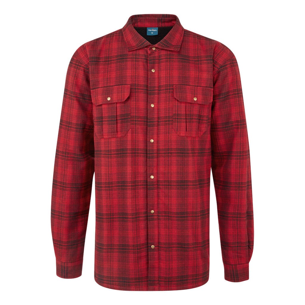 A red work shirt designed for use on construction sites and in industrial work environments.,