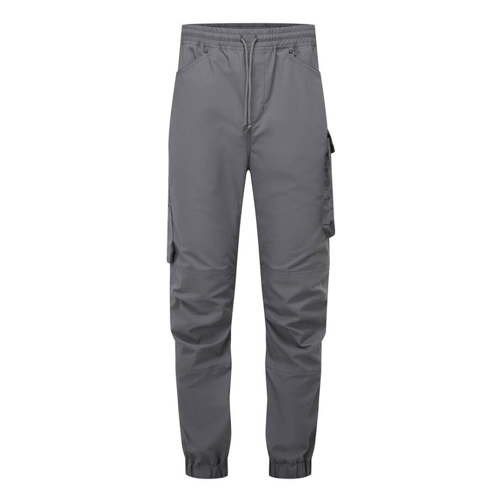 A grey workwear garment designed for use on construction sites and in industrial work environments.,