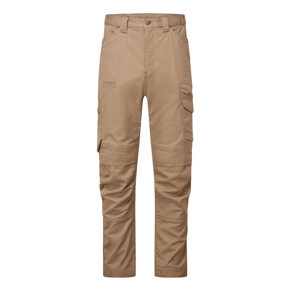 A pair of brown work trousers designed for use on construction sites and in industrial work environments.,