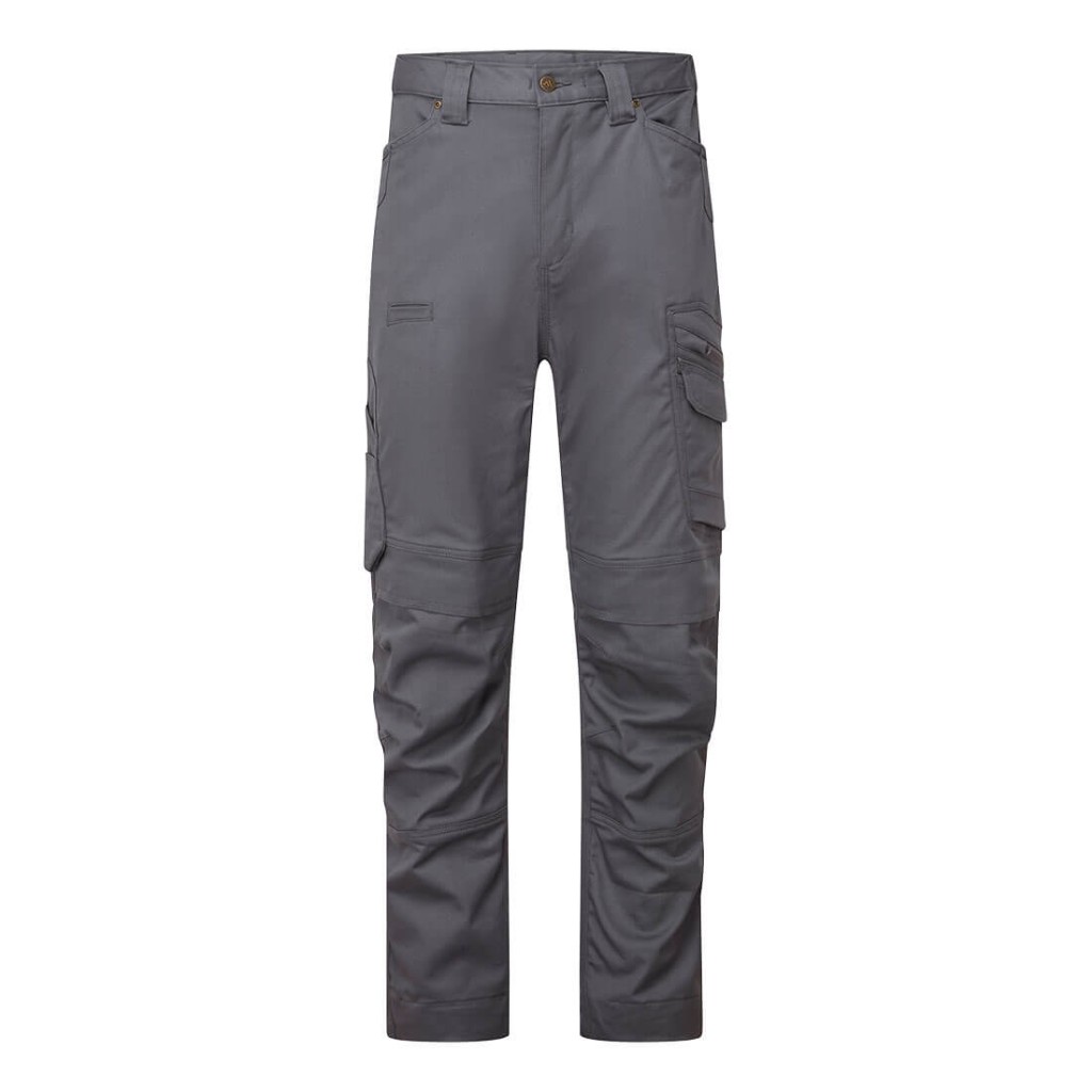 A pair of grey work trousers designed for use on construction sites and in industrial work environments.,