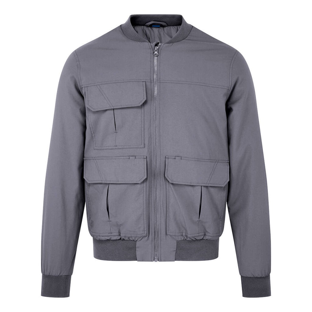 A grey jacket designed for use on construction sites and in industrial work environments.,