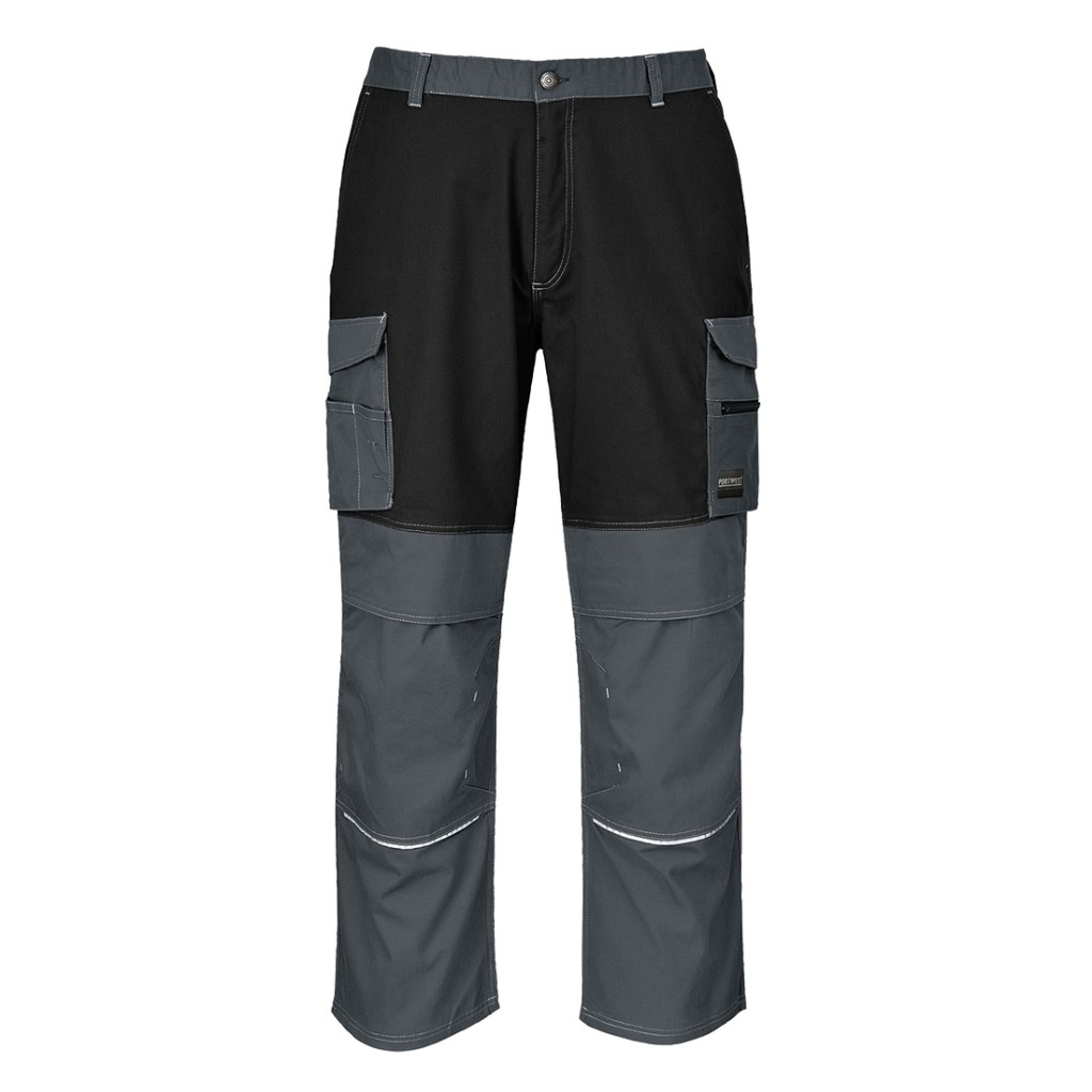 A pair of grey work trousers designed for use on construction sites and in industrial work environments.,