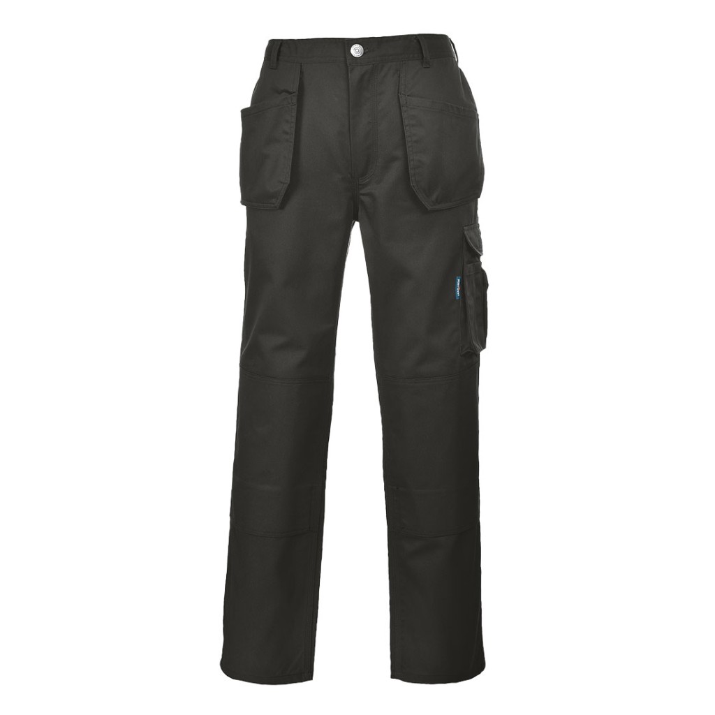 A pair of black work trousers designed for use on construction sites and in industrial work environments.,