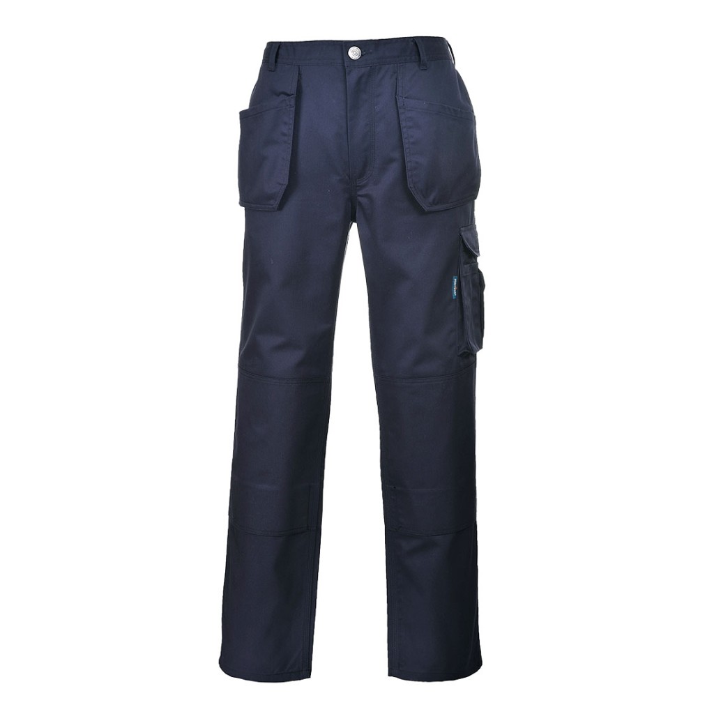 A pair of navy blue work trousers designed for use on construction sites and in industrial work environments.,