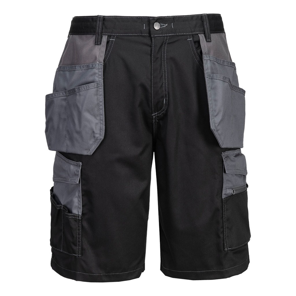 A black workwear garment designed for use on construction sites and in industrial work environments.,