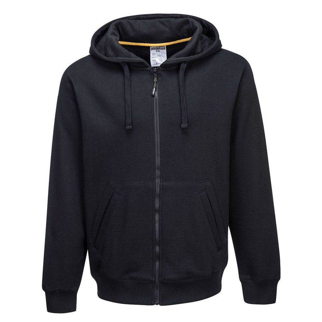 A black work shirt designed for use on construction sites and in industrial work environments.,