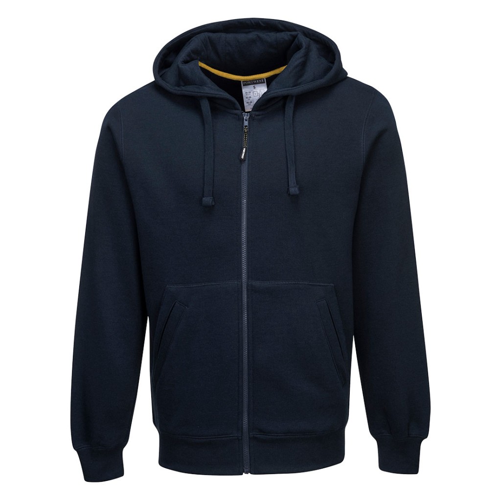 A navy blue work shirt designed for use on construction sites and in industrial work environments.,