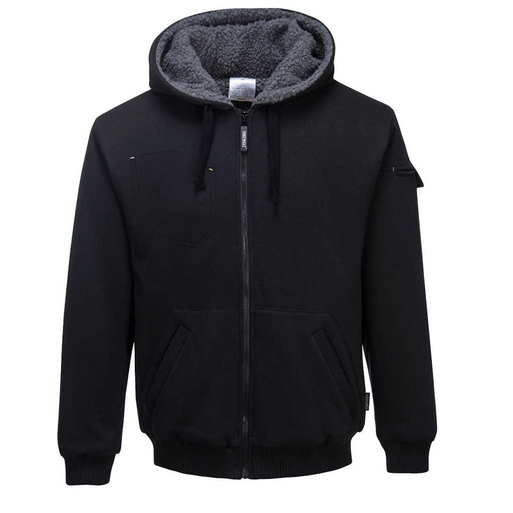 A black jacket designed for use on construction sites and in industrial work environments.,