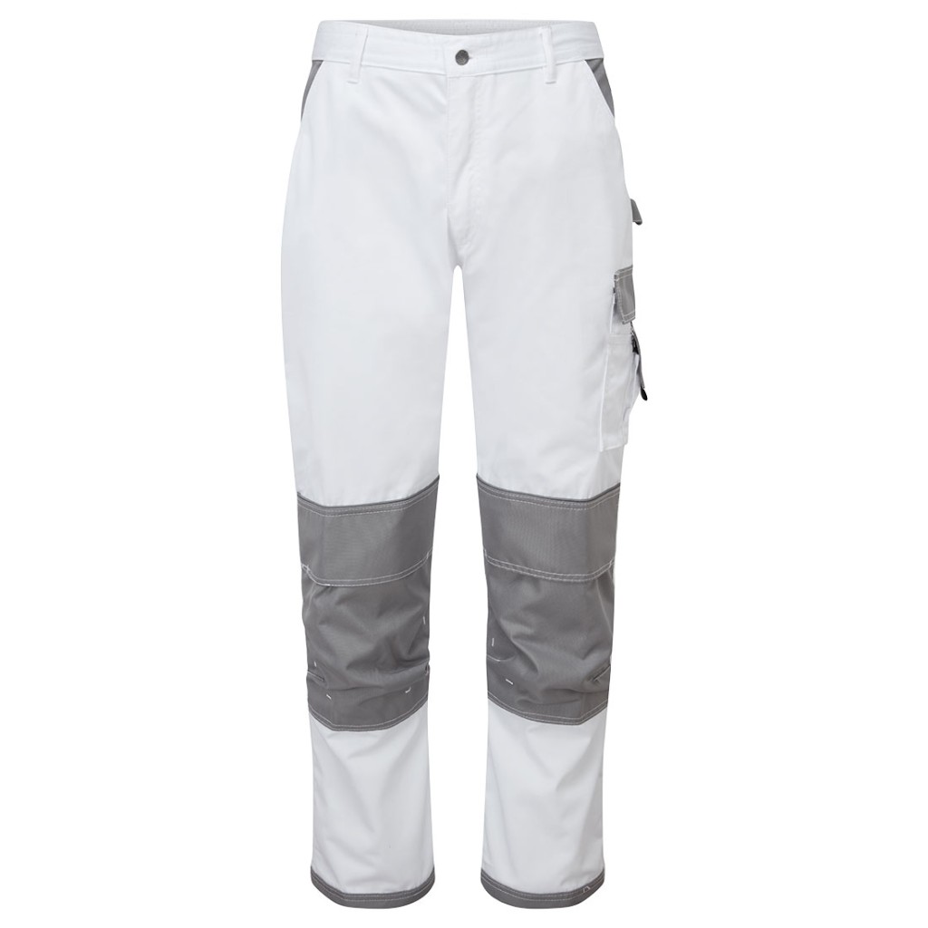 A pair of white work trousers designed for use on construction sites and in industrial work environments.,
