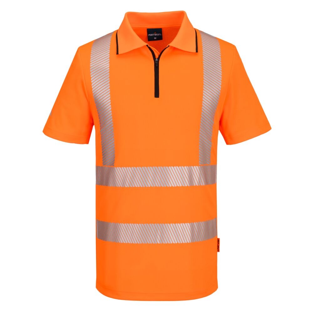 A high-visibility orange polo shirt featuring retroreflective tape panels, a full-length zip front, suitable for a wide range of outdoor and site work applications.