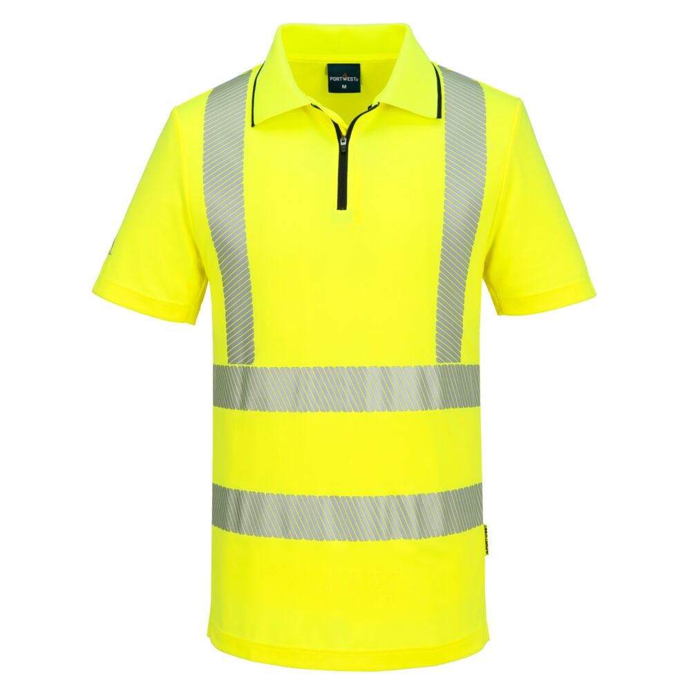A high-visibility yellow polo shirt featuring retroreflective tape panels, a full-length zip front, suitable for a wide range of outdoor and site work applications.