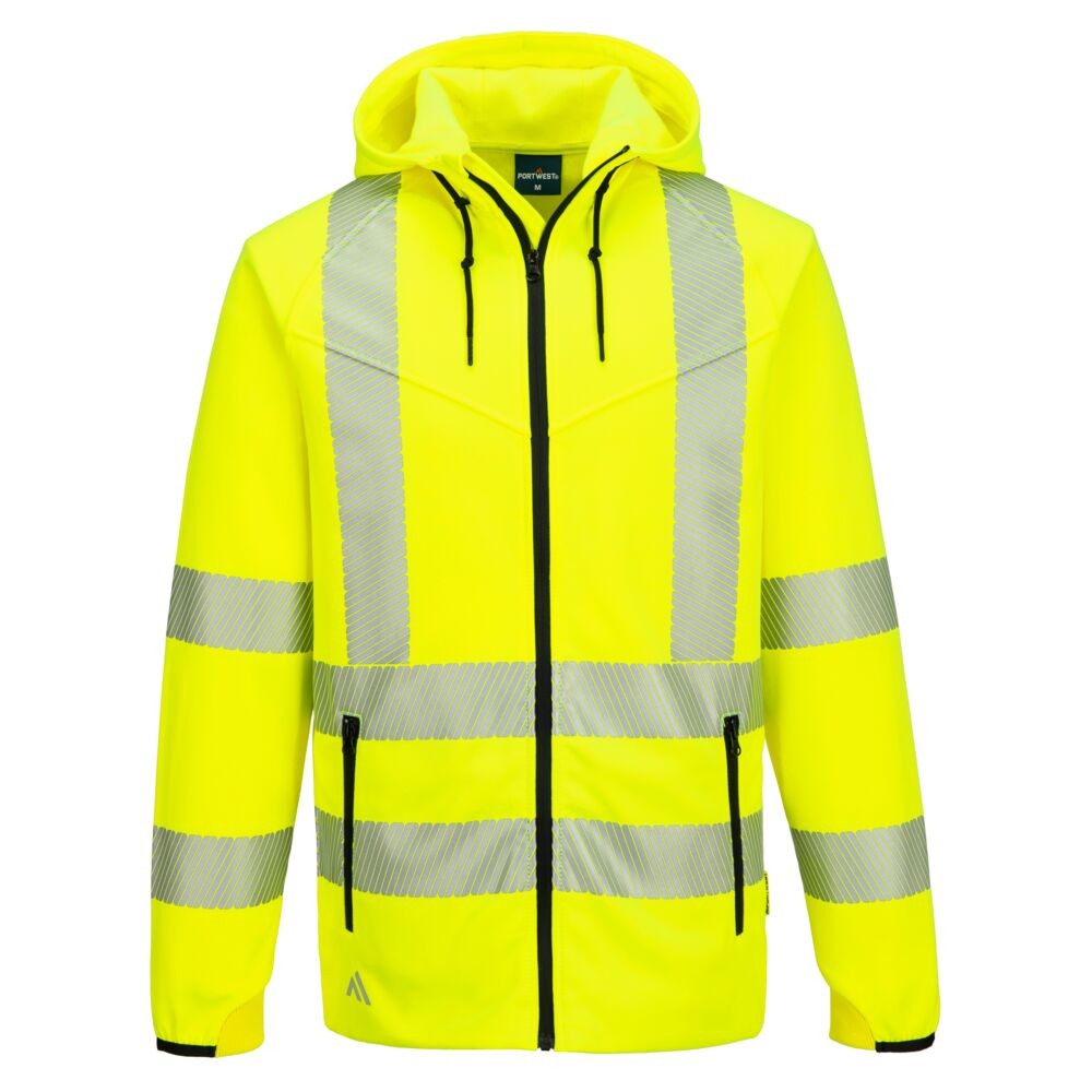A high-visibility yellow sweatshirt featuring retroreflective tape panels, a full-length zip front, suitable for a wide range of outdoor and site work applications.