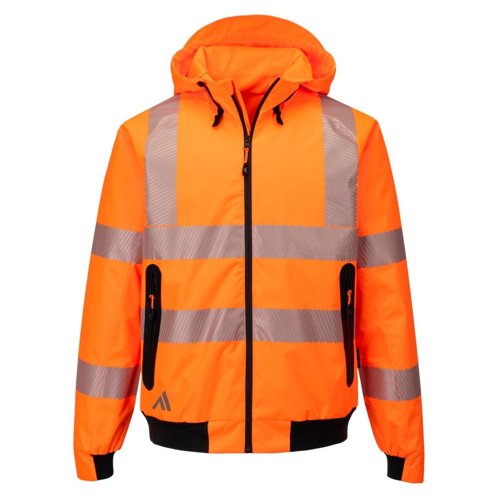 A high-visibility orange waterproof jacket featuring retroreflective tape panels, suitable for a wide range of outdoor and site work applications.