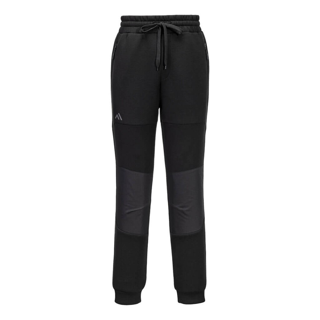 A black workwear garment designed for use on construction sites and in industrial work environments.,