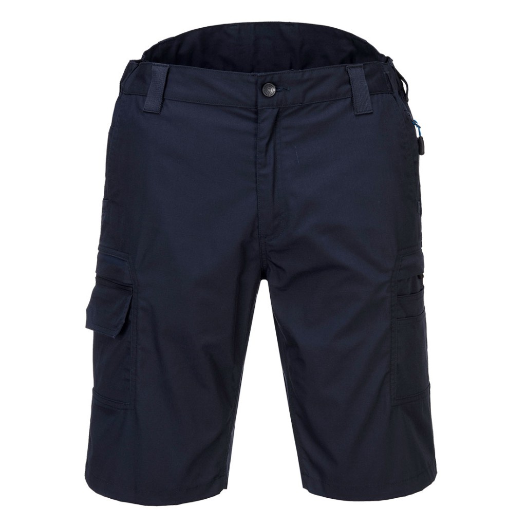 A navy blue workwear garment designed for use on construction sites and in industrial work environments.,