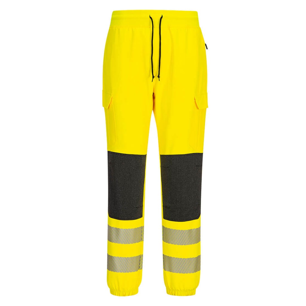 A high-visibility yellow workwear garment featuring retroreflective tape panels, stretch panels for ease of movement, suitable for a wide range of outdoor and site work applications.