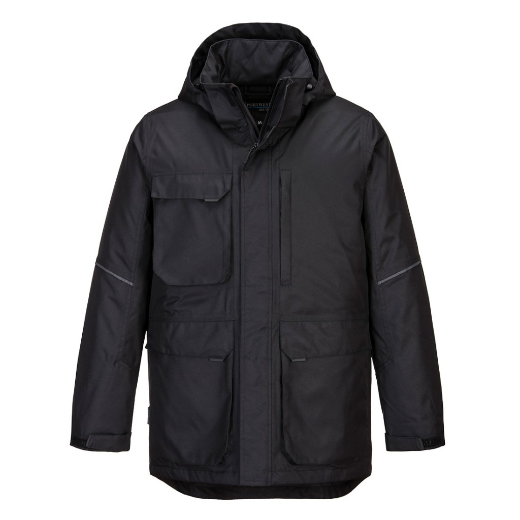 A black jacket designed for use on construction sites and in industrial work environments.,