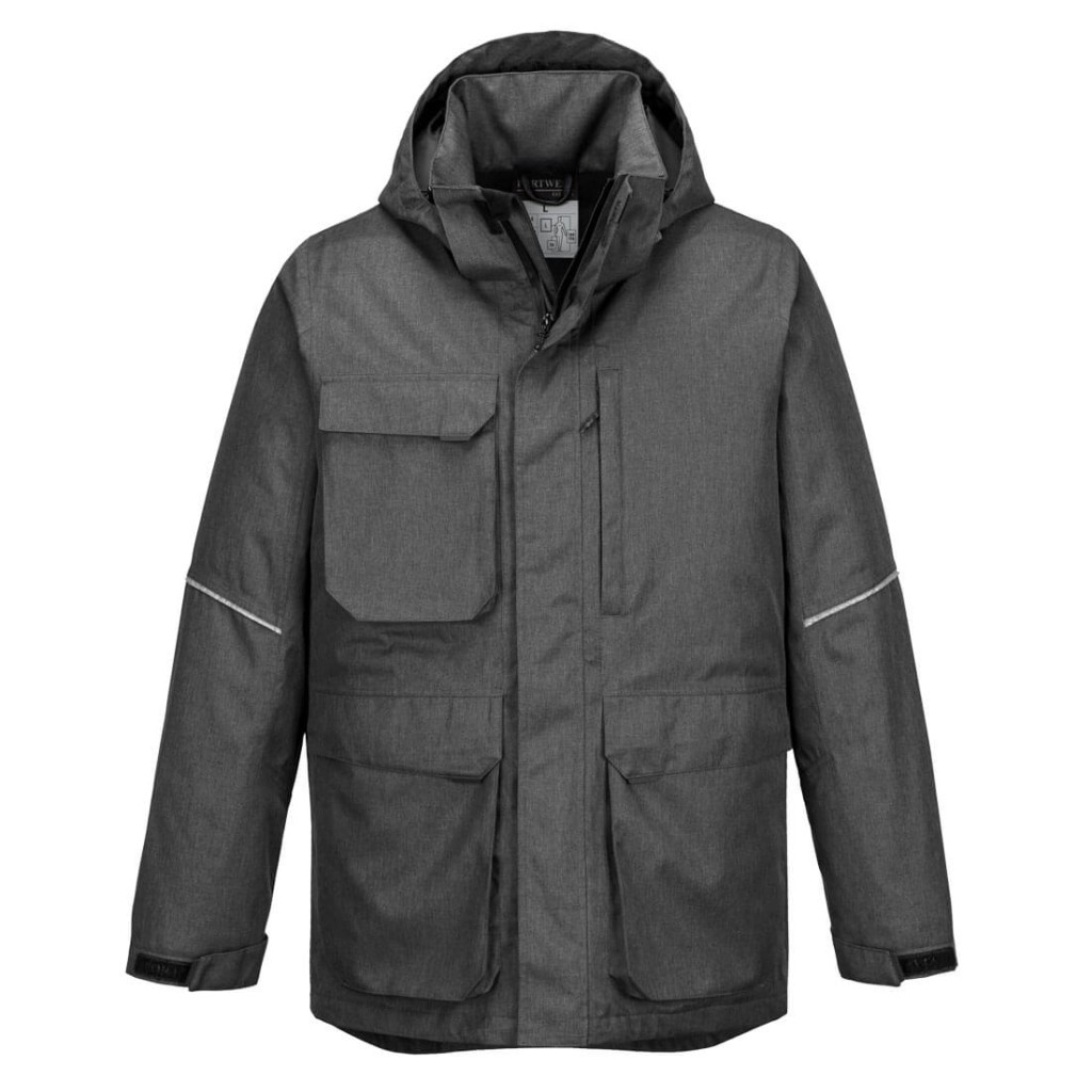 A grey jacket designed for use on construction sites and in industrial work environments.,