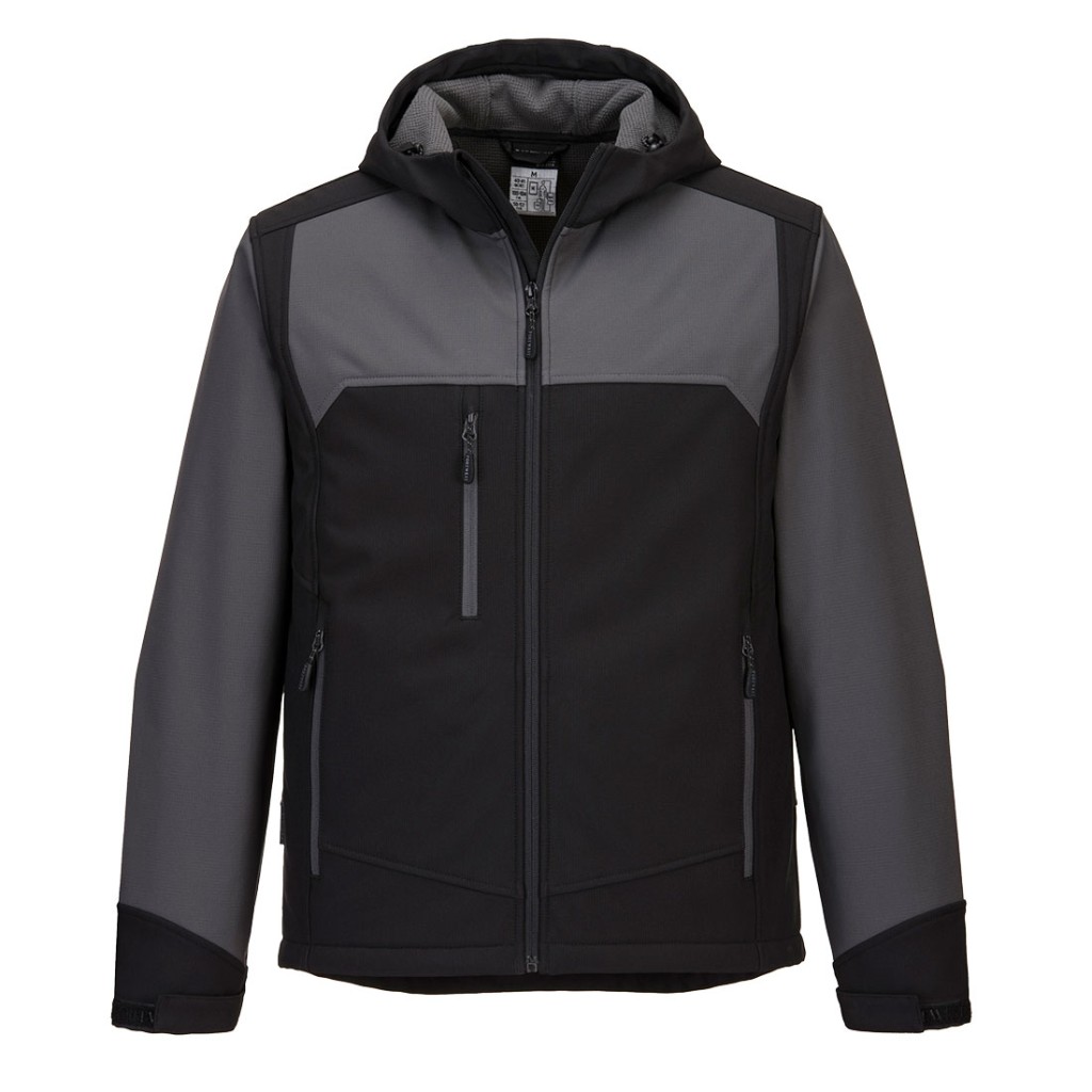 A black workwear garment designed for use on construction sites and in industrial work environments.,