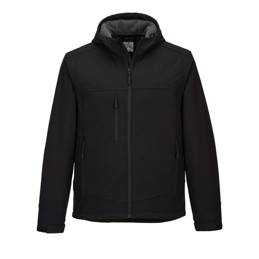 A black workwear garment designed for use on construction sites and in industrial work environments.,