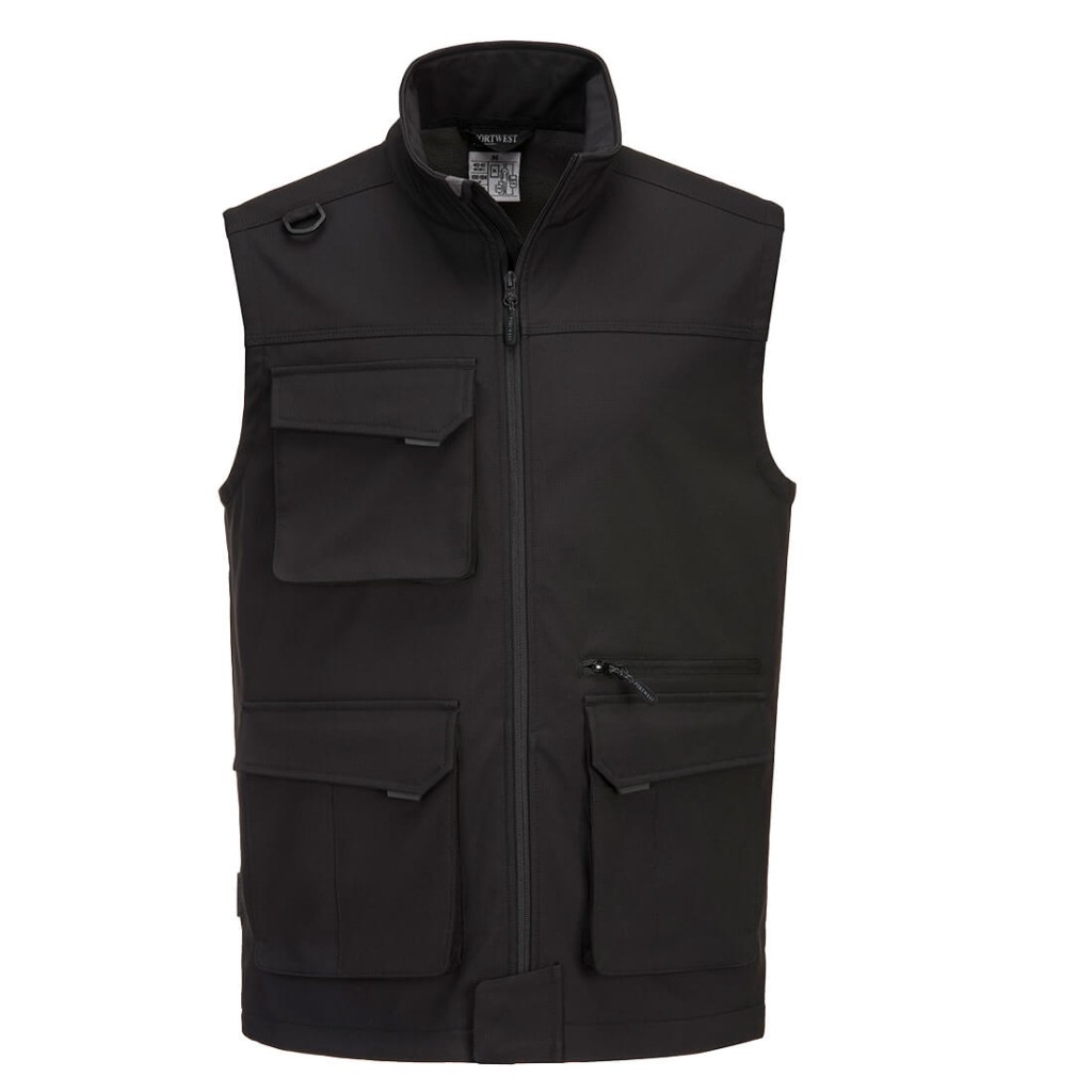A black workwear garment designed for use on construction sites and in industrial work environments.,