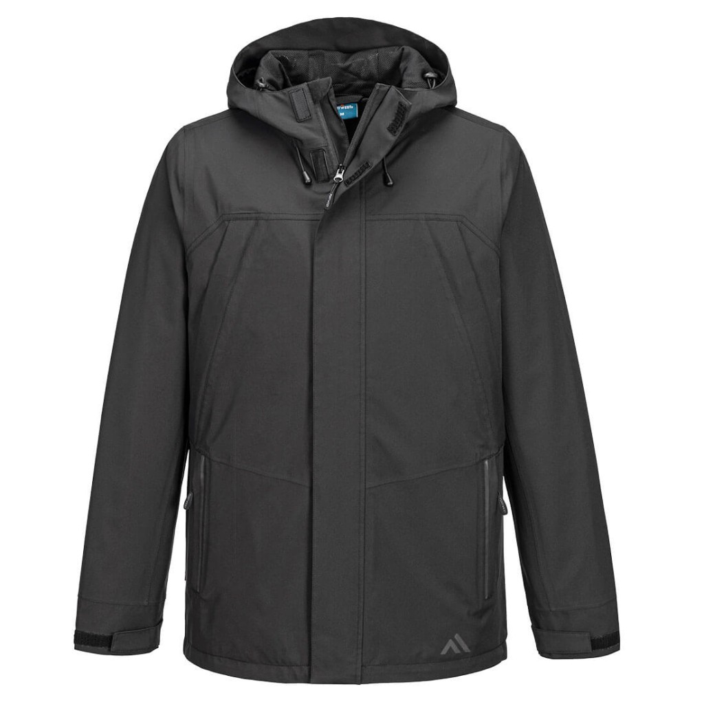 A black waterproof jacket designed for use on construction sites and in industrial work environments.,