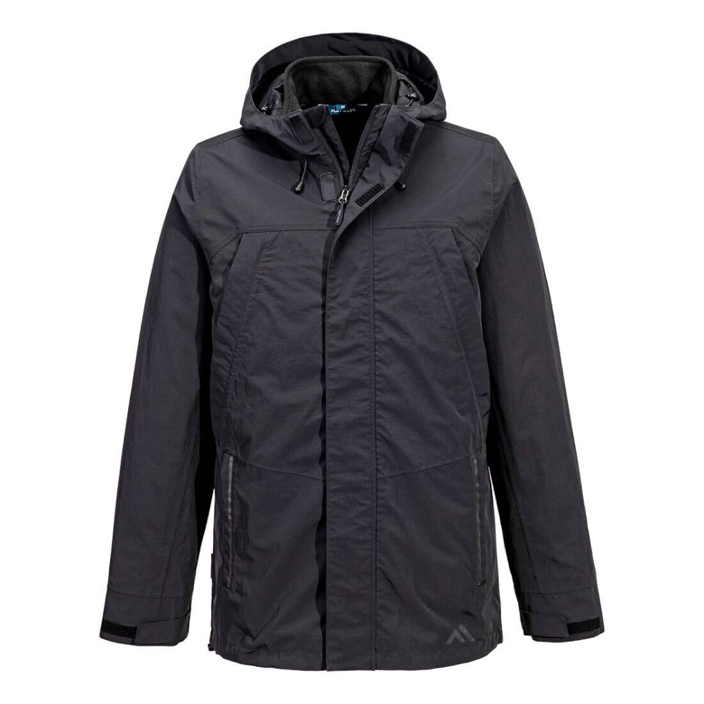 A black jacket designed for use on construction sites and in industrial work environments.,