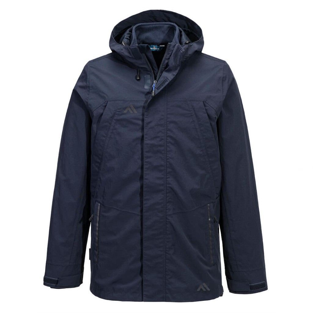 A navy blue jacket designed for use on construction sites and in industrial work environments.,