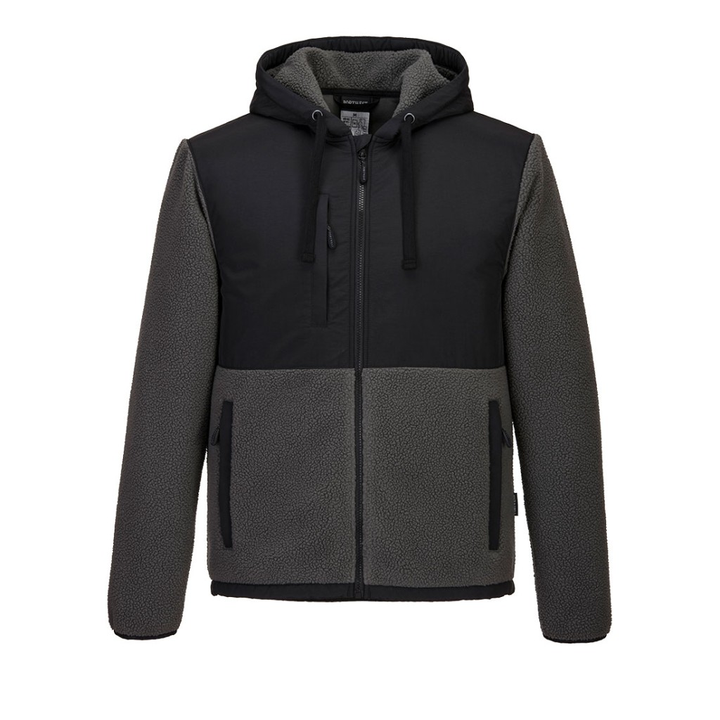 A black workwear garment designed for use on construction sites and in industrial work environments.,