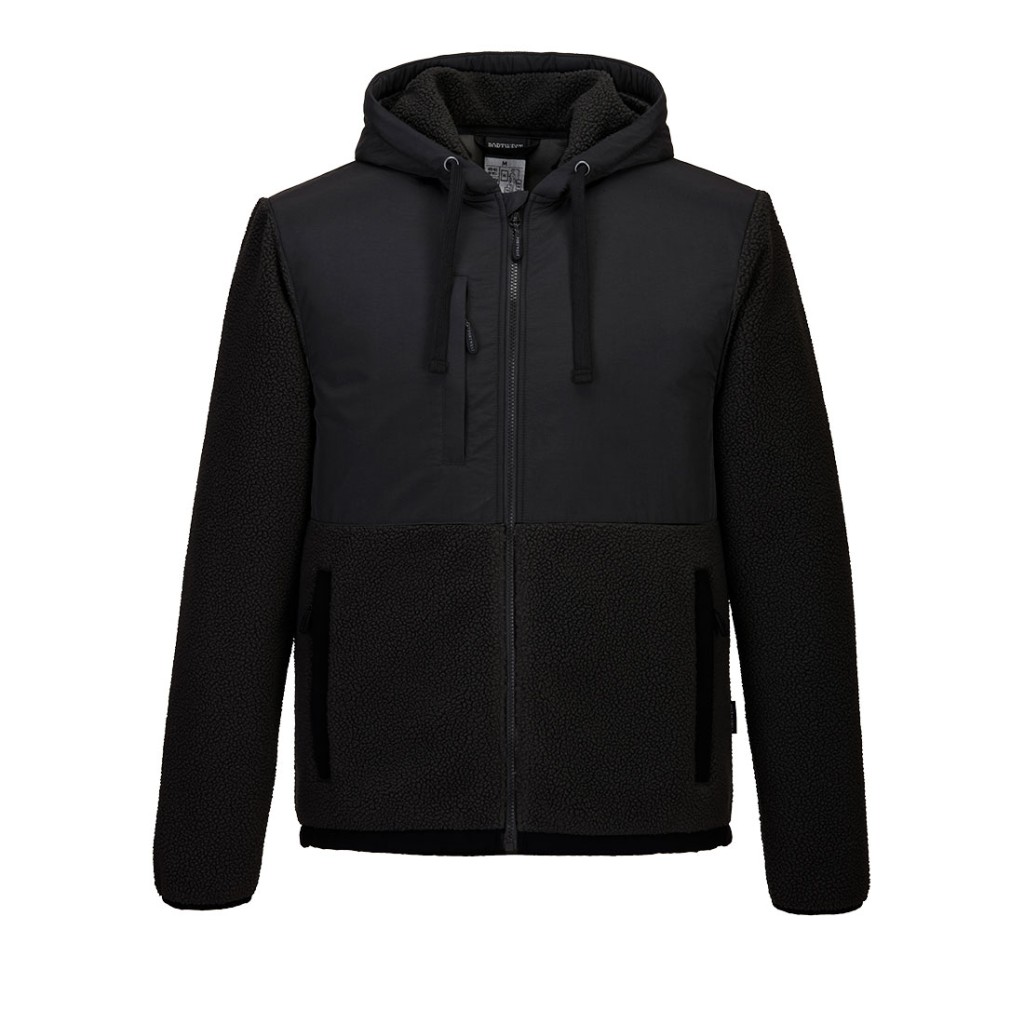 A black workwear garment designed for use on construction sites and in industrial work environments.,