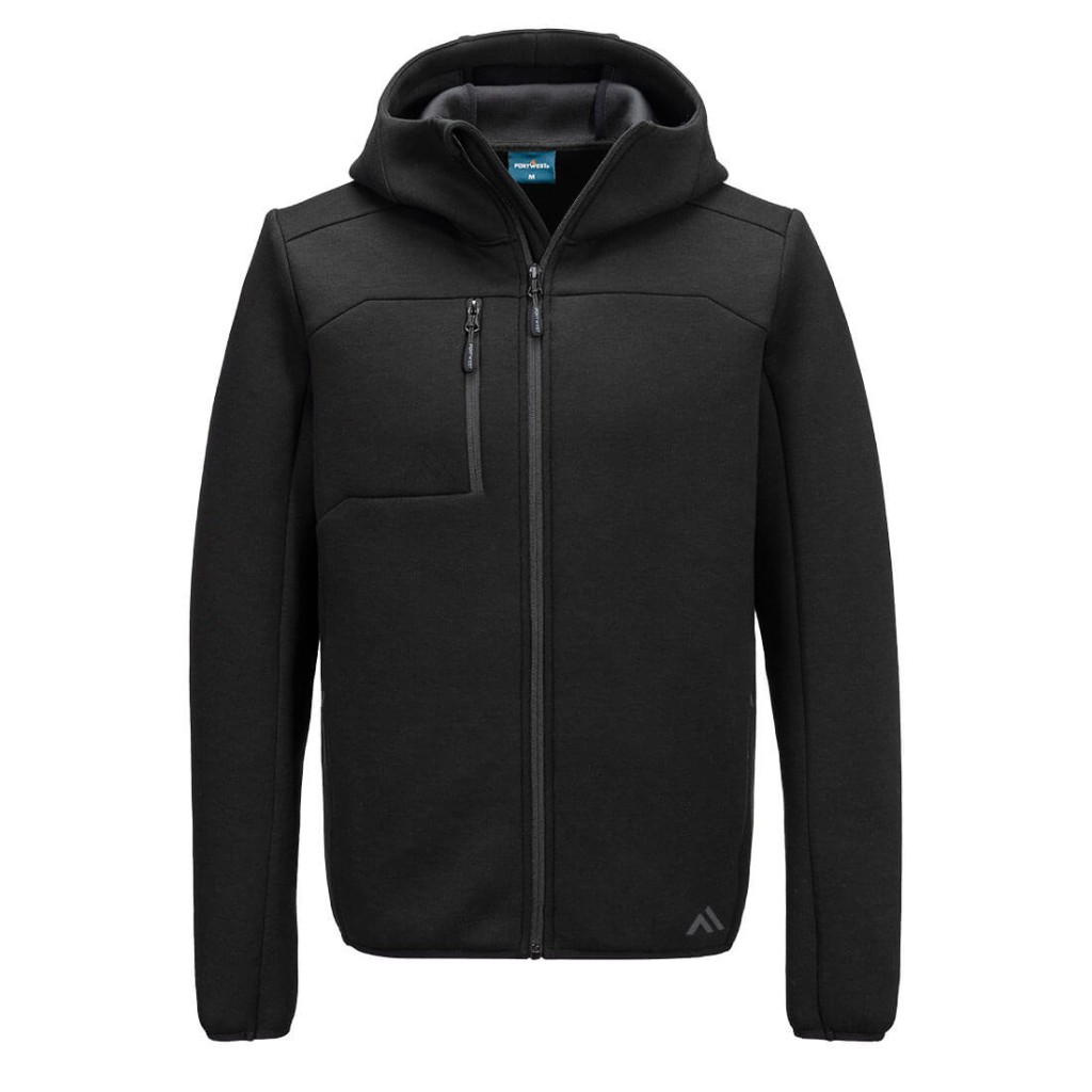 A black sweatshirt featuring a full-length zip front, suitable for a wide range of outdoor and site work applications.