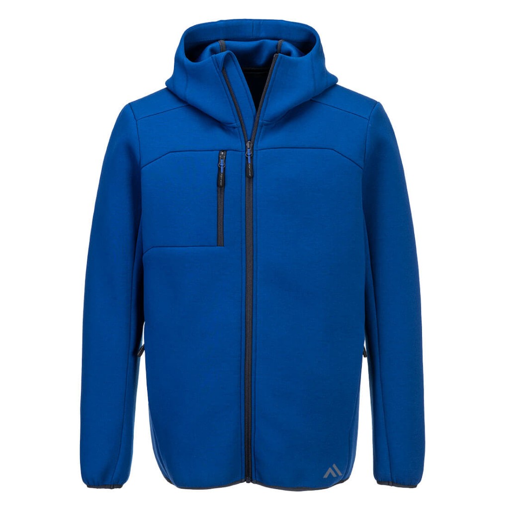 A blue sweatshirt featuring a full-length zip front, suitable for a wide range of outdoor and site work applications.