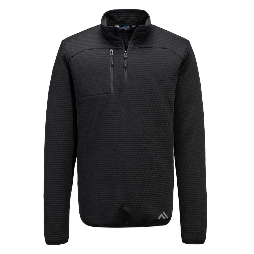 A black work shirt featuring a full-length zip front, suitable for a wide range of outdoor and site work applications.