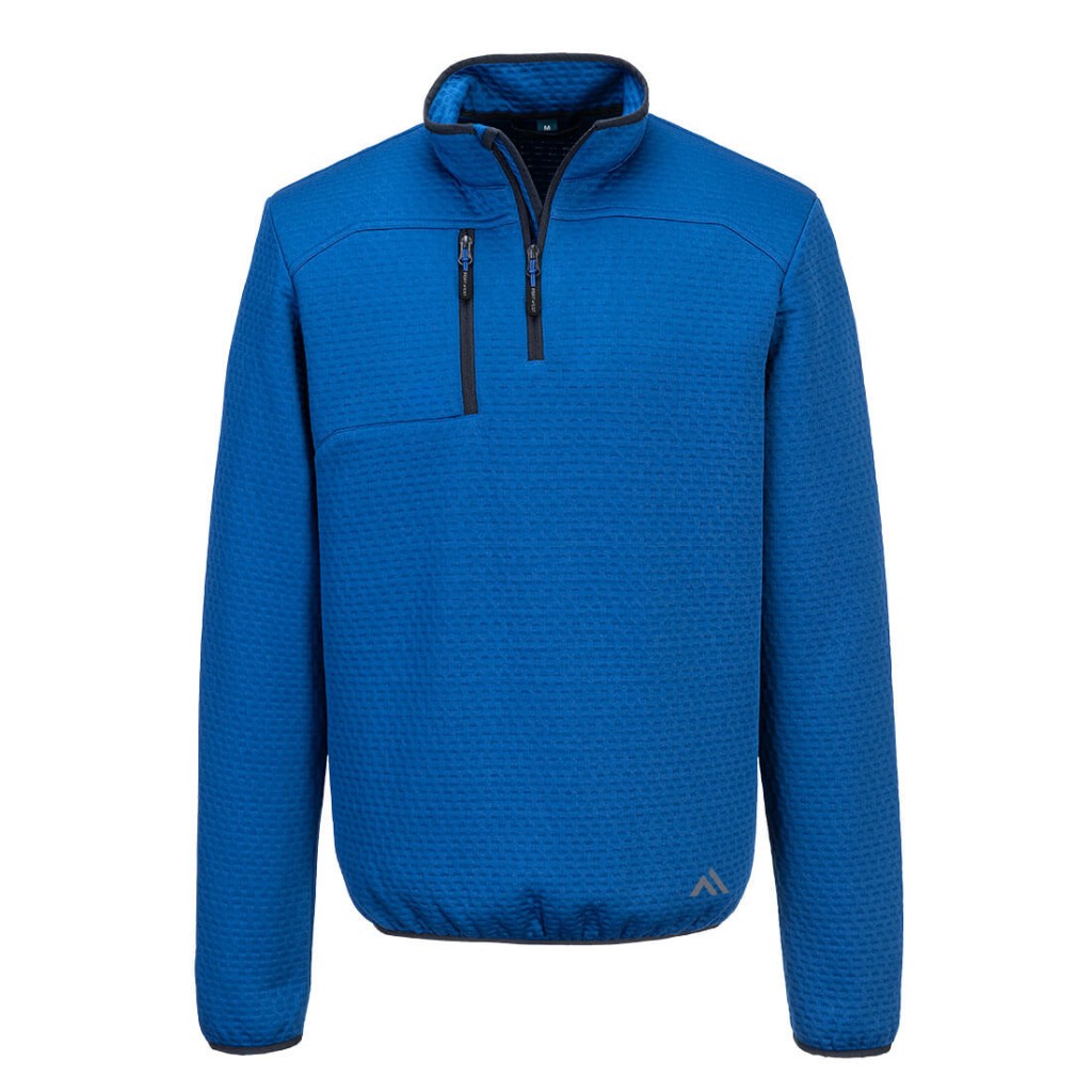 A blue work shirt featuring a full-length zip front, suitable for a wide range of outdoor and site work applications.